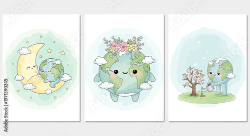 Charming watercolor artwork depicting a cute, smiling Earth character engaged in nurturing nature, peaceful rest, and celebrating ecological harmony