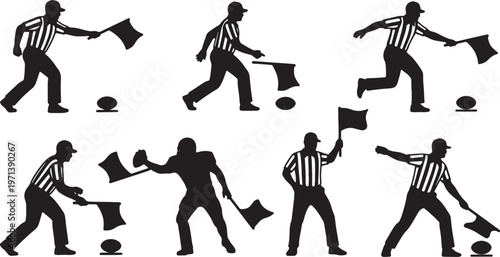 Black Solid Football Umpires Throwing Flags Silhouettes Set of Six on White Background