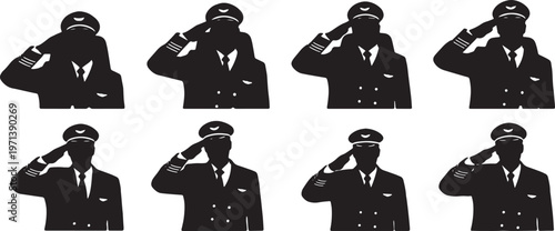 Black Solid Flight Captains Saluting Passengers Silhouettes Set of Six on White Background