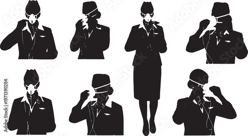 Black Solid Flight Attendants Safety Procedures Silhouettes Set of Six on White Background