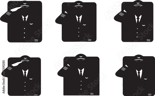 Black Solid Flight Captains Saluting Passengers Silhouettes Set of Six on White Background