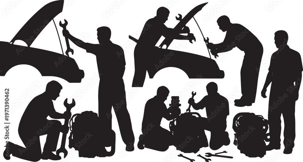 Obraz premium Black Solid Garage Auto Mechanic Silhouettes Set of Six on White Background