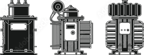 Collection of industrial electric motors and transformers illustrating heavy electrical equipment for power generation distribution and engineering systems black and white vector illustration set