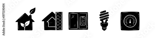 Hand-drawn black icons representing energy-efficient home features: eco-house, thermal insulation, smart window, CFL bulb, and thermostat. Ideal for sustainability and green building concepts.