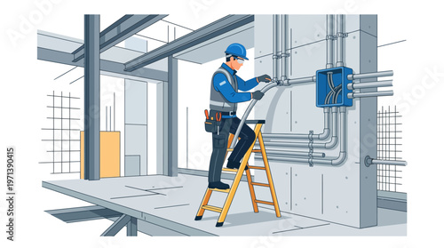 Professional Electrician Installing Wiring and Conduit at Construction Site, Industrial Safety Illustration
