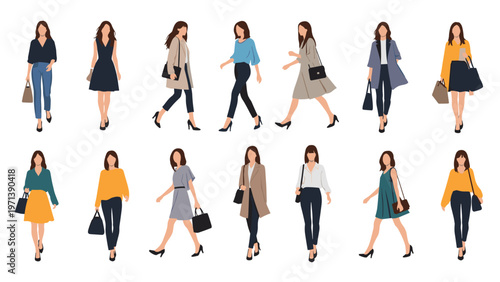 Large collection of diverse women fashion illustrations showing different styles, outfits, and accessories for all occasions.