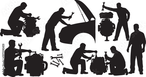 Black Solid Garage Auto Mechanic Silhouettes Set of Six on White Background