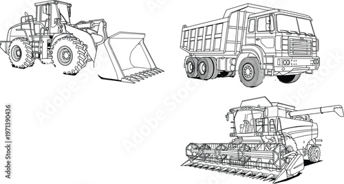 Black and white detailed illustration of construction loader dump truck and combine harvester showcasing heavy machinery for agriculture and industrial transport vector design