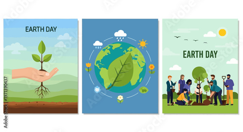 Celebrating Earth Day with illustrations of people planting trees, a hand holding a seedling, and a depiction of the planet Earth with leaves and weather symbols
