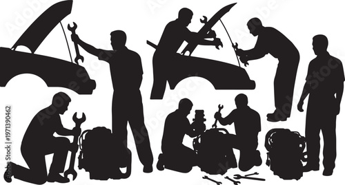 Black Solid Garage Auto Mechanic Silhouettes Set of Six on White Background