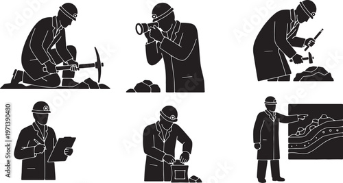 Black Solid Geology Earth Scientist Silhouettes Set of Six on White Background