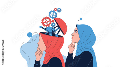 Two women wearing headscarves with an open head showing gears and robotic parts representing artificial intelligence and human thought.