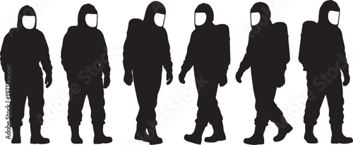 Black Solid Hazmat Workers Sealed Suits Silhouettes Set of Six on White Background