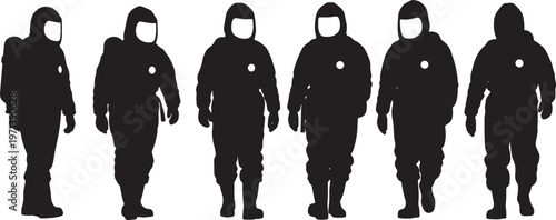 Black Solid Hazmat Workers Sealed Suits Silhouettes Set of Six on White Background