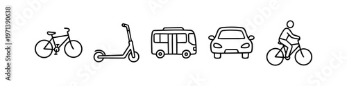 Set of minimalist black outline icons representing various modes of urban transportation, including a bicycle, scooter, bus, car, and cyclist. Ideal for urban mobility and travel concepts.