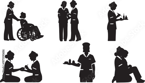 Black Solid Hospital Nurse Duty Silhouettes Set of Six on White Background