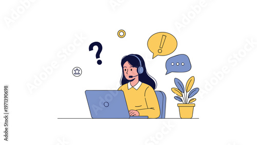 Female customer service representative with headset working on a laptop surrounded by question marks and support icons.
