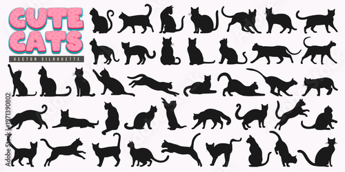 Black cat silhouette in various poses isolated on white background. Cute cat breed, kitten, kitty, feline and pet animal logo, icon, line art and sticker. Wild mammal in playing, jumping and walking.