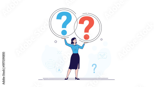 Businesswoman holding up two large circles with blue and red question marks representing choices, uncertainty, and decision making.