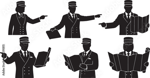 Black Solid Hotel Guest Concierge Silhouettes Set of Six on White Background