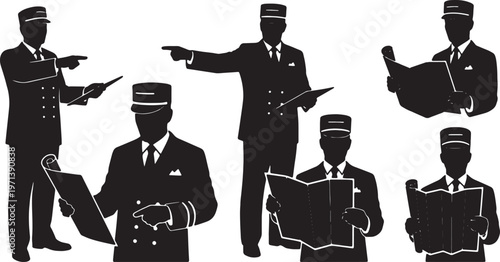 Black Solid Hotel Guest Concierge Silhouettes Set of Six on White Background