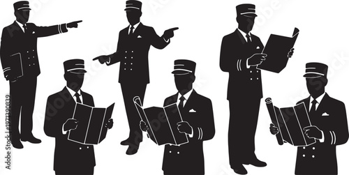 Black Solid Hotel Guest Concierge Silhouettes Set of Six on White Background