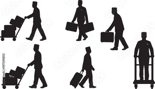 Black Solid Hotel Luggage Bellhop Silhouettes Set of Six on White Background