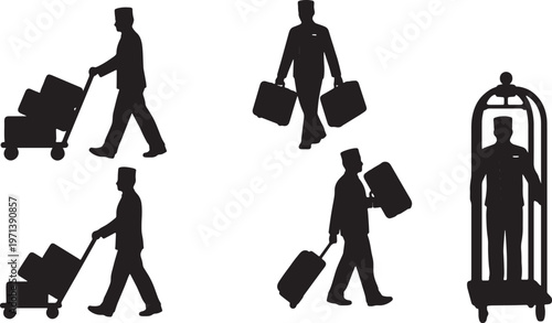 Black Solid Hotel Luggage Bellhop Silhouettes Set of Six on White Background