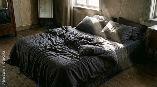 Obraz na płótnie A shot of a bed with dark grey, rumpled linens and pillows, conveying a sense of solitude or depression