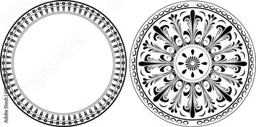 Luxury ornamental circular frame and medallion set, vintage fleur de lis round border vector for royal branding, elegant certificate decoration.