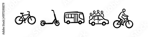 Hand-drawn set of urban transportation icons including bicycle, scooter, bus, carpooling, and cyclist. Minimalist black line art style on white background for sustainable mobility concepts.