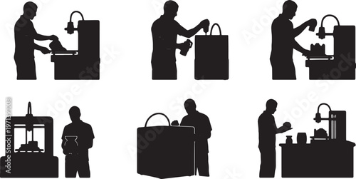 Black Solid Indoor 3D Printing Technician Silhouettes Set of Six on White Background