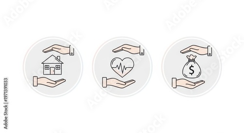 Protection insurance icons hands protecting house health money