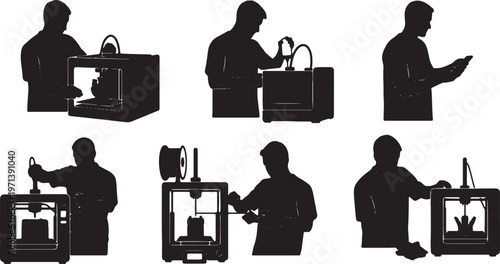 Black Solid Indoor 3D Printing Technician Silhouettes Set of Six on White Background