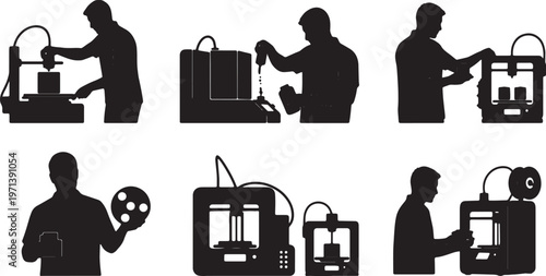 Black Solid Indoor 3D Printing Technician Silhouettes Set of Six on White Background