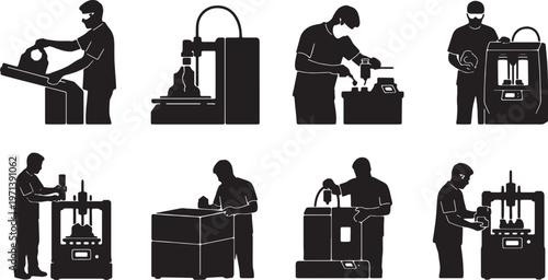 Black Solid Indoor 3D Printing Technician Silhouettes Set of Six on White Background