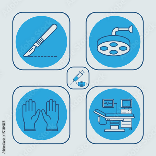 Surgery and clinical tools icon set with scalpel, surgical lamp, gloves, and operating equipment symbols