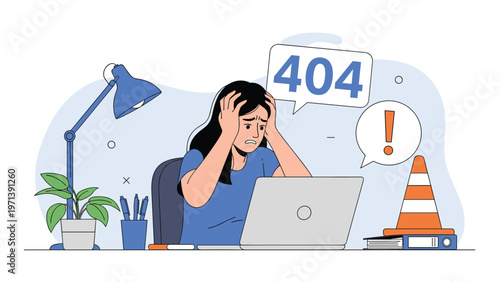 Frustrated woman at her desk deals with a 404 website error and technical difficulties causing work stress and anxiety.