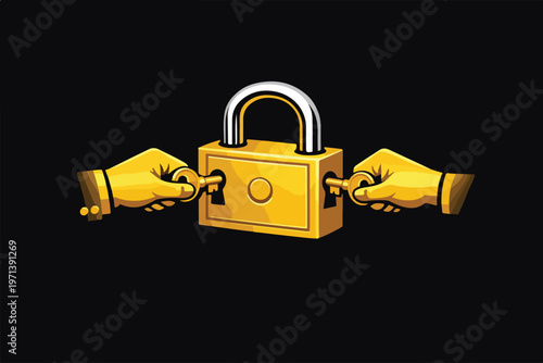 B2B Partnership Agreement Concept with Dual Key Lock Mechanism Requiring Mutual Action Representing Strategic Collaboration Illustration