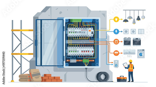 Electrical Panel with Circuit Breakers and Wiring for Home Appliances, Electrician Inspecting Distribution Board on Construction Site Vector Illustration