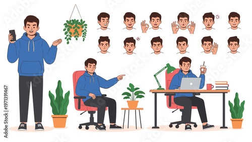 Male character in a blue hoodie is shown in various poses and working at a desk illustrating a typical day at work.