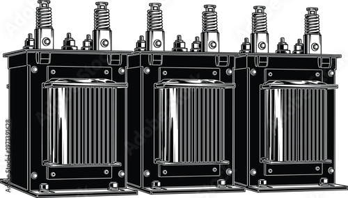 Set of industrial electrical transformers with detailed components representing power distribution equipment high voltage energy systems black and white vector illustration isolated design