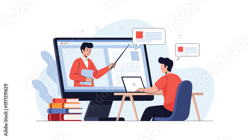 Student sits at a desk with books attending an online video lecture on a large computer screen at home or school.