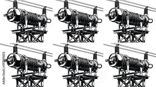 Set of high voltage electrical insulators and power line equipment representing energy transmission infrastructure industrial engineering systems black and white vector illustration collection