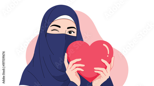 Beautiful Muslim woman wearing a blue niqab holds a large red heart showing love, kindness, and faith with a wink.
