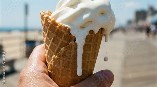 Fotografia Close-up of sweet vanilla soft serve ice cream melting and dripping down a crispy waffle cone
