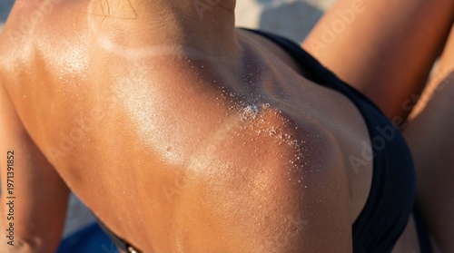 Принти на полотні Close-up of a person's red, sunburnt shoulder with peeling skin after severe UV sun exposure