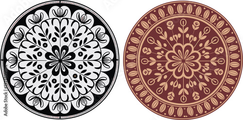 Ornate floral mandala set with intricate botanical patterns, ethnic bohemian circular ornament vector for yoga studio branding, henna art decoration.
