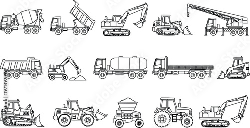 Construction vehicle set with excavator, dump truck, crane, bulldozer and mixer line art isolated on white background vector