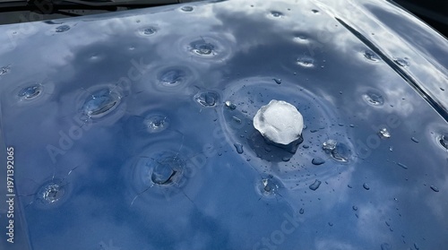 Obraz na płótnie Large, damaging hailstones resting on the wet blue metallic roof of a car after a severe storm